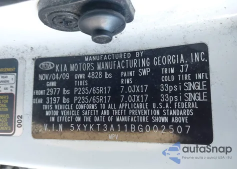 2011 Kia Sorento Lx из США, поврежденный, VIN 5XYKT3A11BG002507